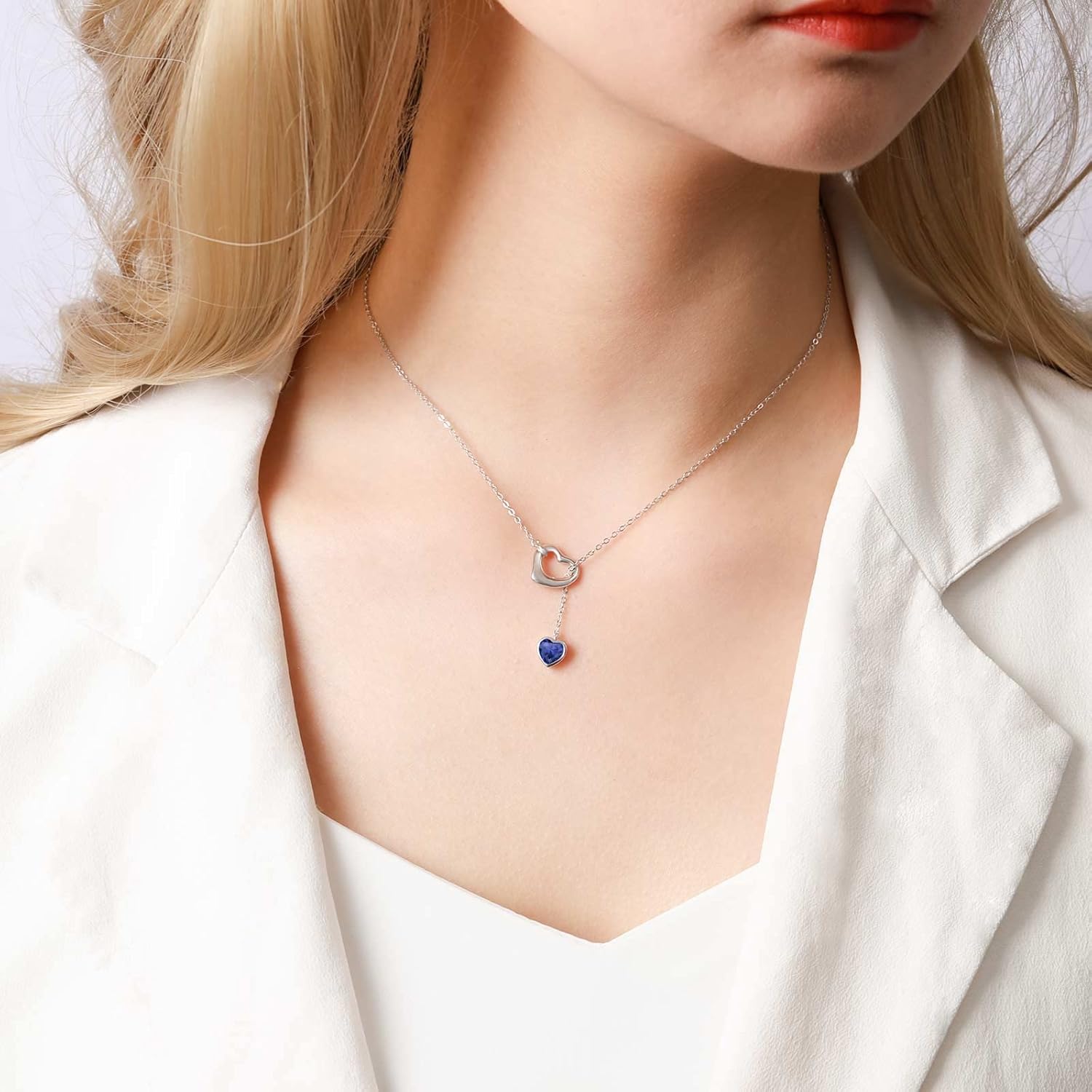 Thumbnail 1 de Qings Damen Herz Geburtsstein Kette aus Sterling Silber 925 mit Saphir-Charakter und Zirkonia – Herzanhänger Halskette
