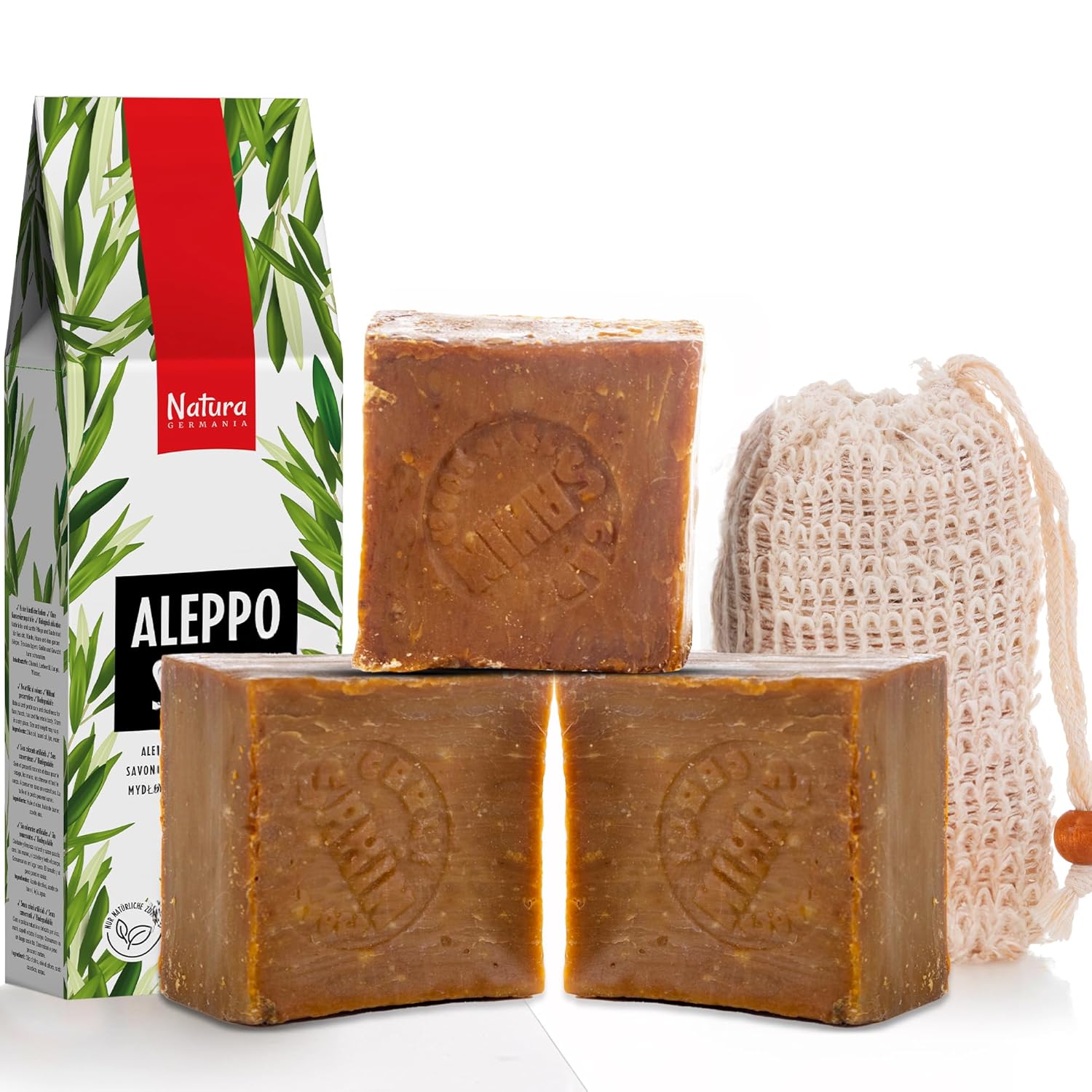 Detalle de Natura Germania Aleppo Seife - 3 x ca. 200 g, 100% Olivenöl + Sisal Seifensäckchen, Handarbeit vegan