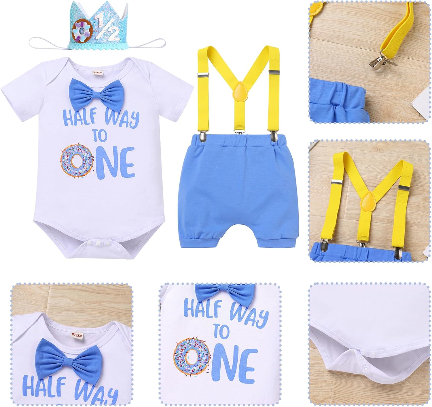 Thumbnail 4 de IDOPIP Costume bébé garçon 6-9 mois anniversaire : combinaison, short à bretelles et couronne pour les photos