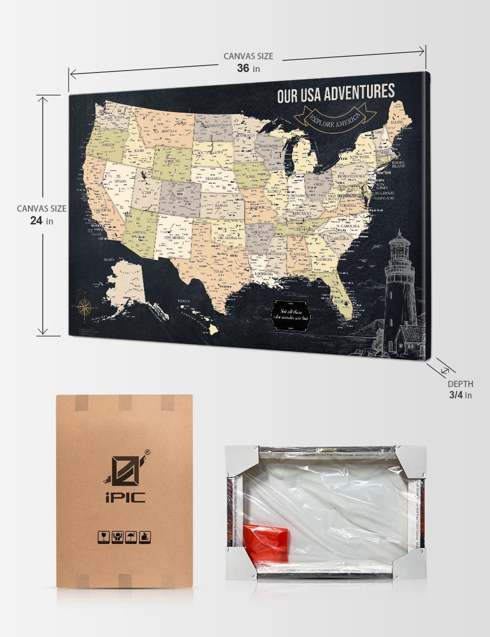 Thumbnail 6 de IPIC USA Map Wall Art 36 x 24 in