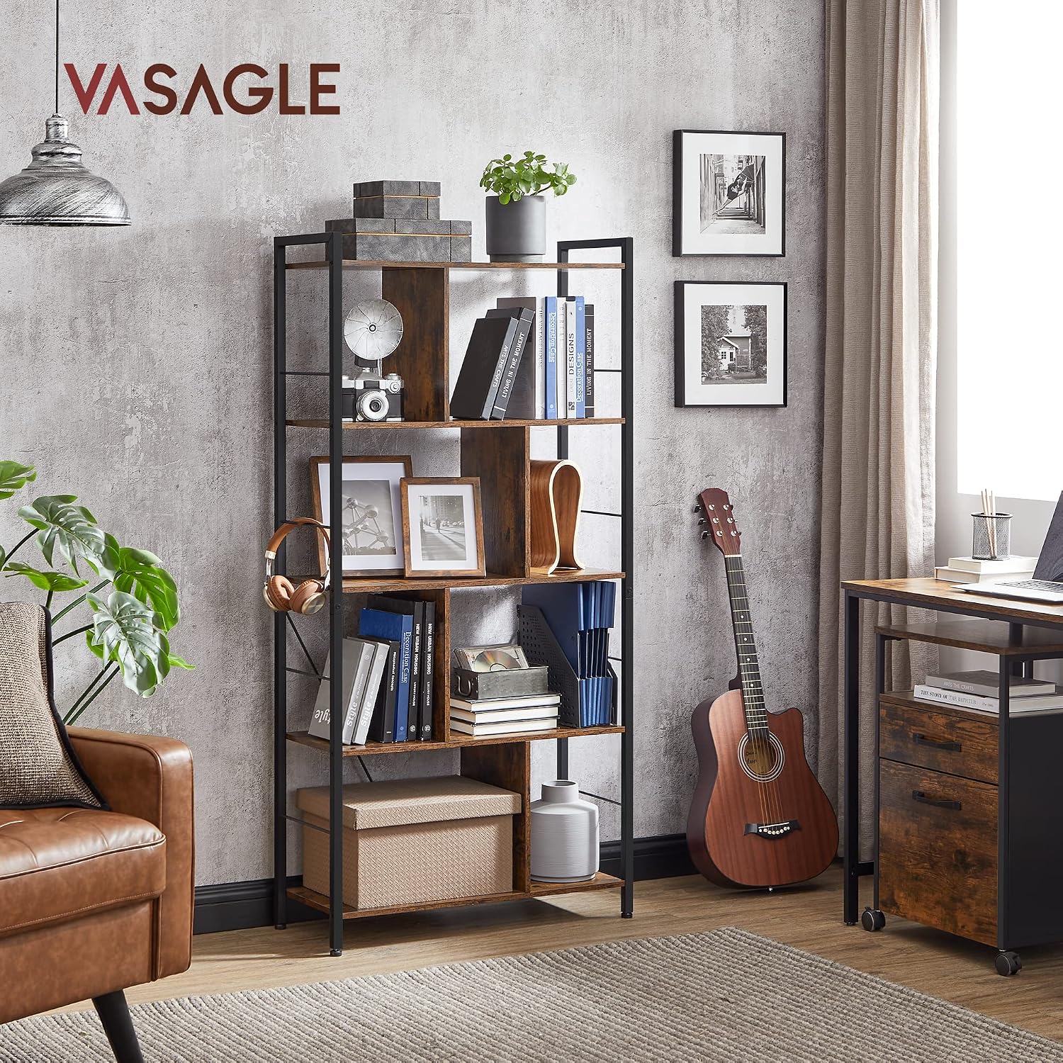 Detalle 2 de VASAGLE BARNET LBC121B01 5-Tier Bookshelf, Steel Frame, Rustic Brown and Black