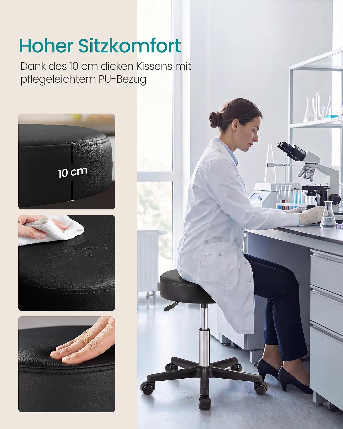Detalle de SONGMICS Drehhocker auf Rollen LJB61B – höhenverstellbar (46–58 cm) für Studio, Salon & Büro