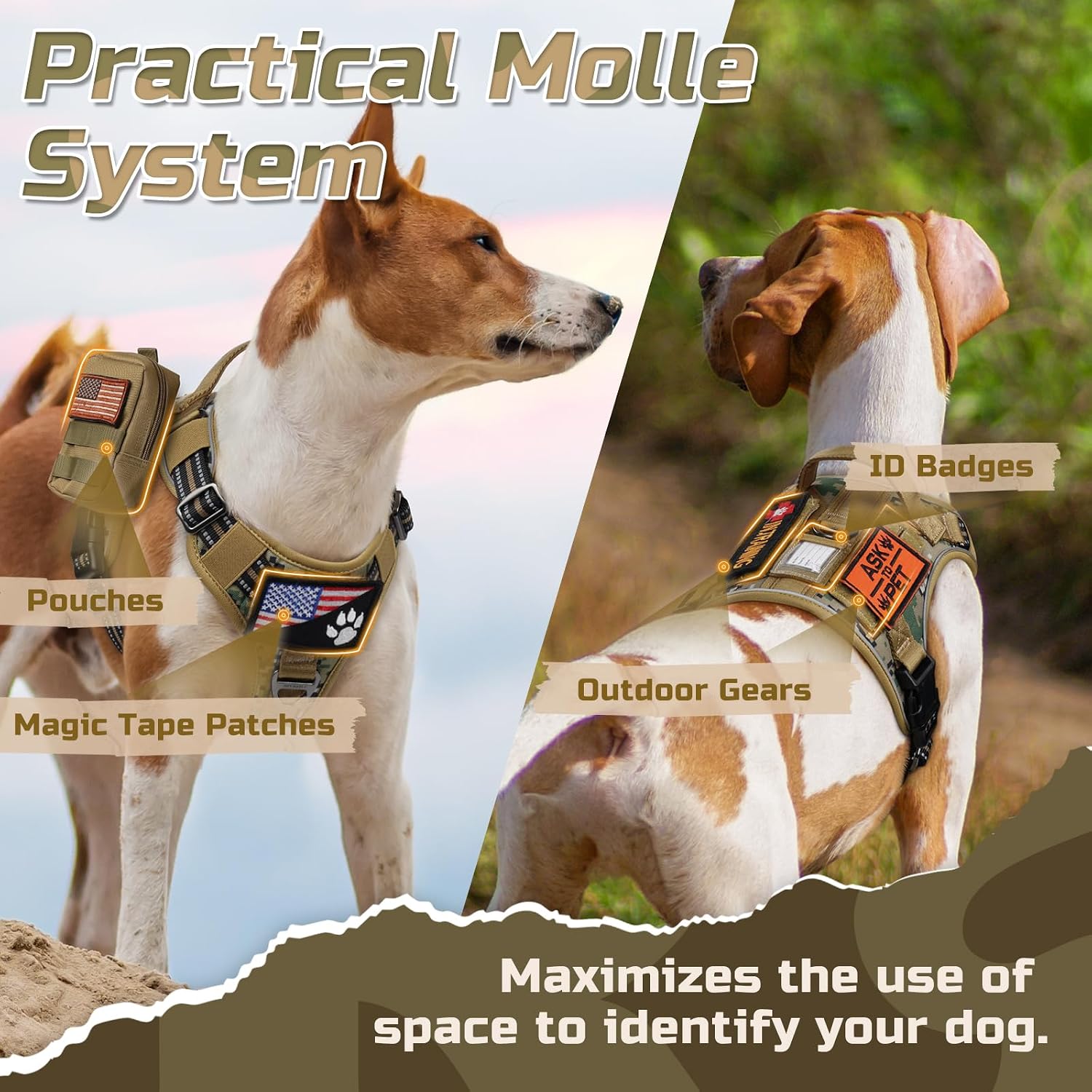 Detalle de rabbitgoo Large Dog Tactical No-Pull Harness with Molle Panel (Brown Camo) – Adjustable, Reflective Control Handle, Size L