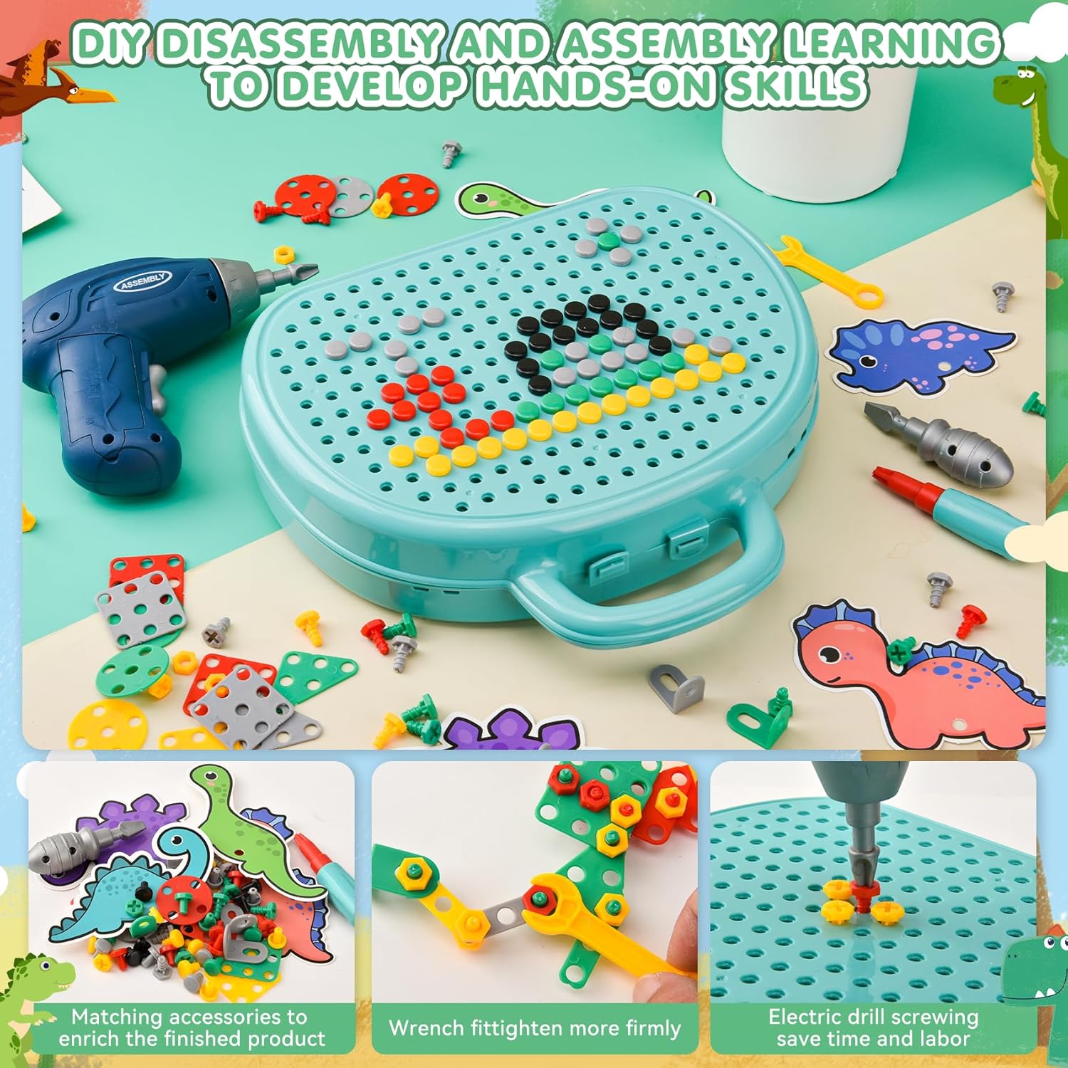 Detalle 2 de DAOUZL Montessori Scatola Giocattolo con Trapano Elettrico: Set attrezzi Montessori con 206 pezzi