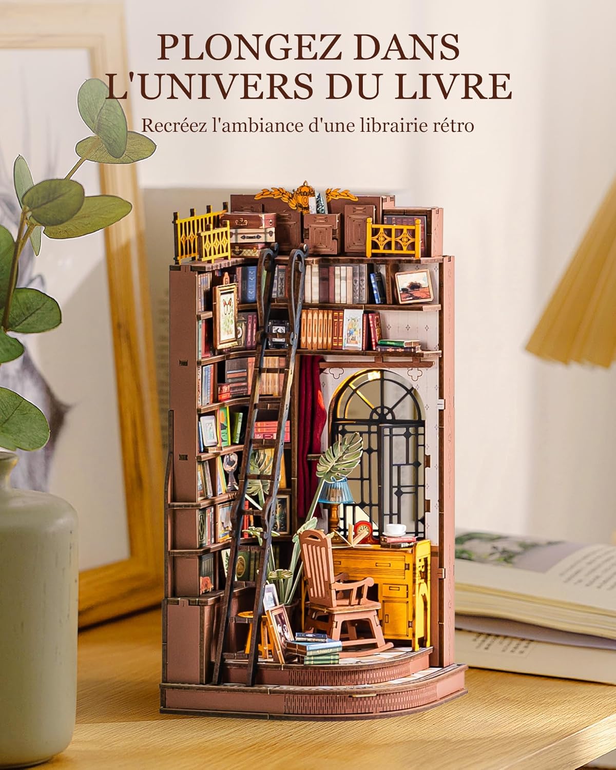Thumbnail 5 de Rolife Book Nook Silent Corner Study : kit DIY en bois miniature avec lumières LED pour étagère