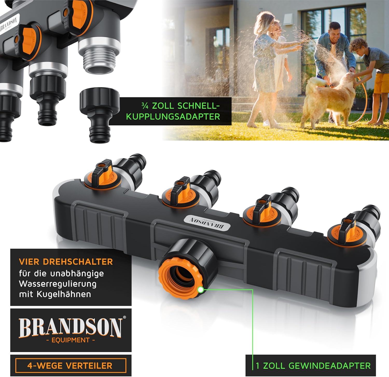 Thumbnail 3 de Brandson 4-Wege-Verteiler Gartenventil – 1 Eingang, 4 Ausgänge, stufenlos regelbar, robustes Metallgewinde
