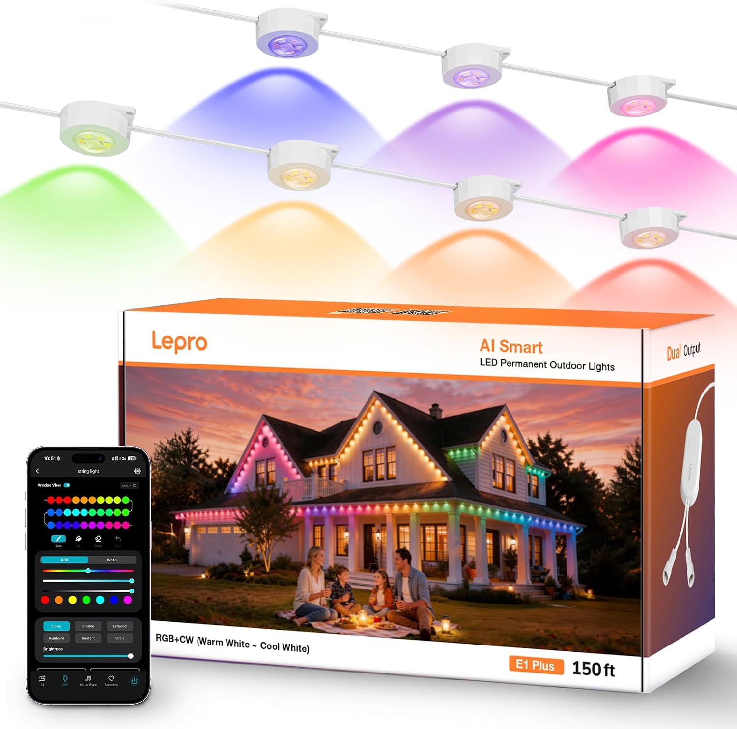 Detalle de Lepro E1 Plus AI E1-90Y Permanent Outdoor Lights, 150 ft RGBIC