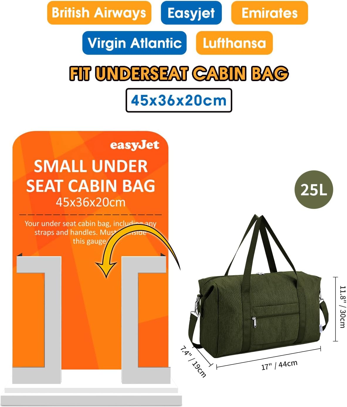 Detalle 2 de Narwey for Easyjet Cabin Bag 45x36x20cm – 25L foldable underseat travel duffel (Army Green)