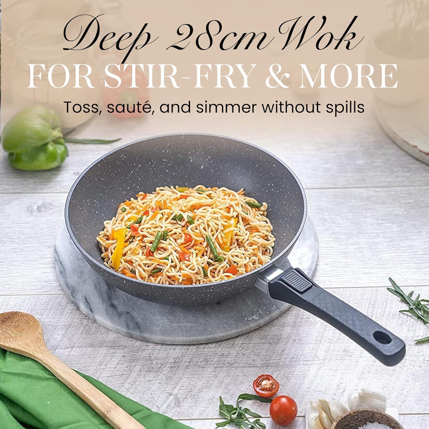 Thumbnail 5 de nuovva Non-Stick Wok Pan with Glass Lid – 28cm Deep Stir Fry Pan with Induction Base and Detachable Handle