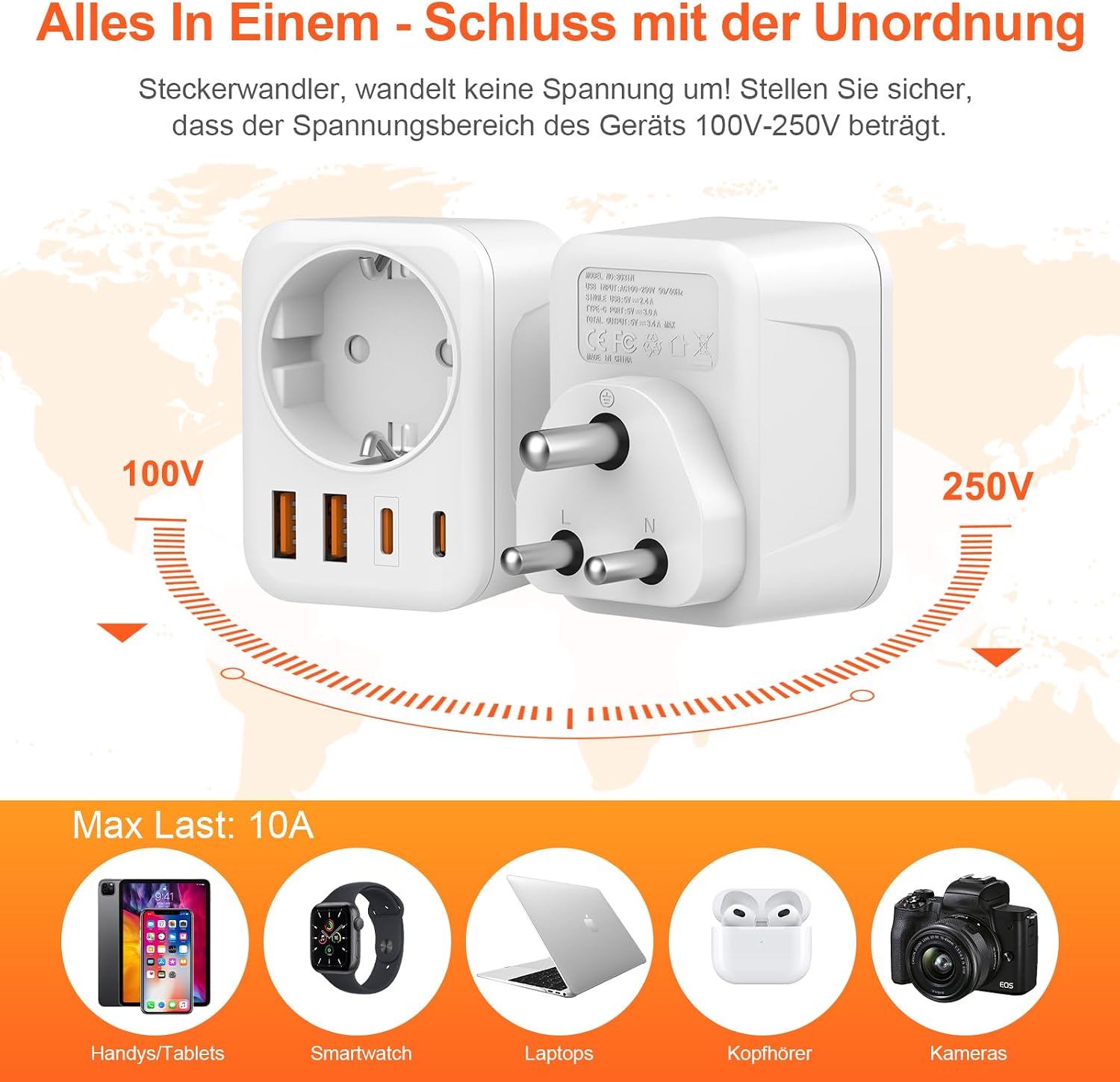 Detalle 2 de Denlane Reiseadapter Indien 2500W 🌍