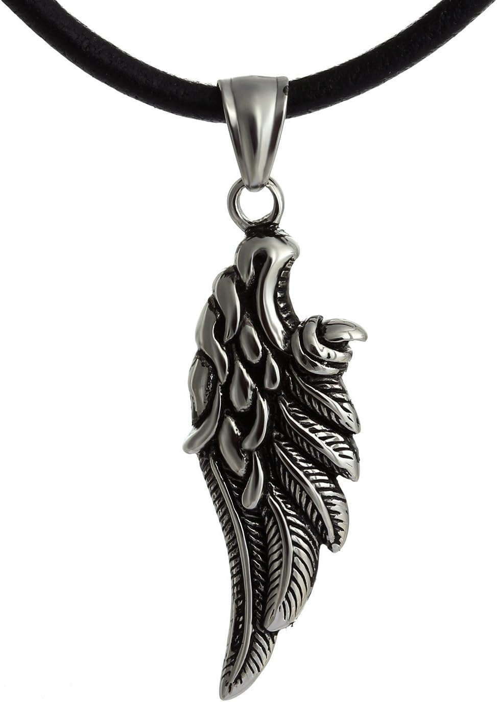 Detalle de DonDon Collana Uomo Pelle 50 cm con Ciondolo Ali in Acciaio Inox e Sacchetto di Velluto