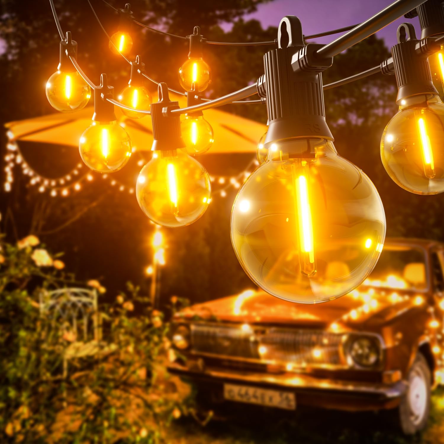 Detalle de Kawaya 15 m LED-Lichterkette außen (IP65) mit 25+2 bruchsicheren G40-Glühbirnen, warmweiß, dimmbar