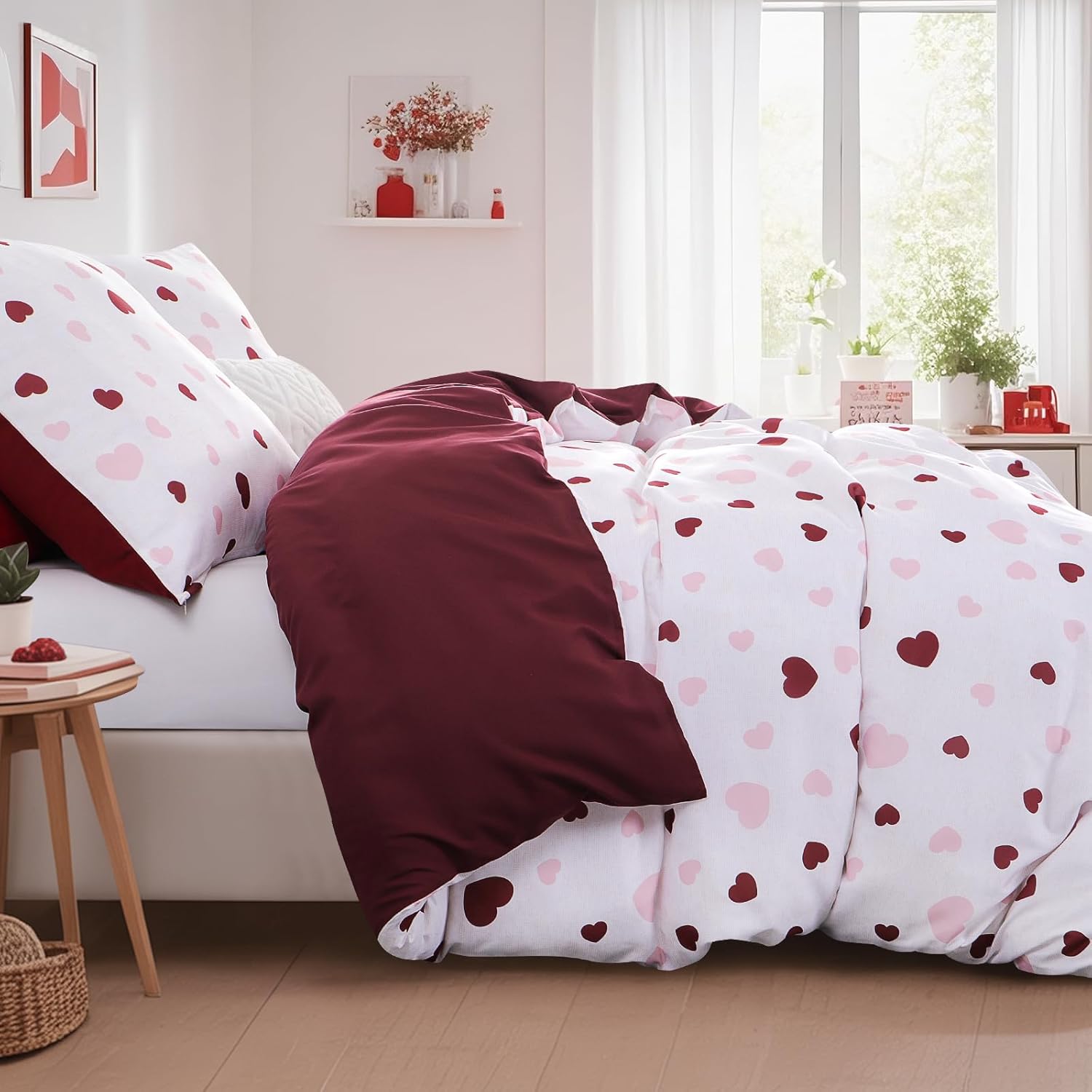 Thumbnail 2 de Aisbo Bettwäsche-Set 155x220 mit Herzen (Rosa/Rot) und Kissenbezug 80x80 aus Mikrofaser