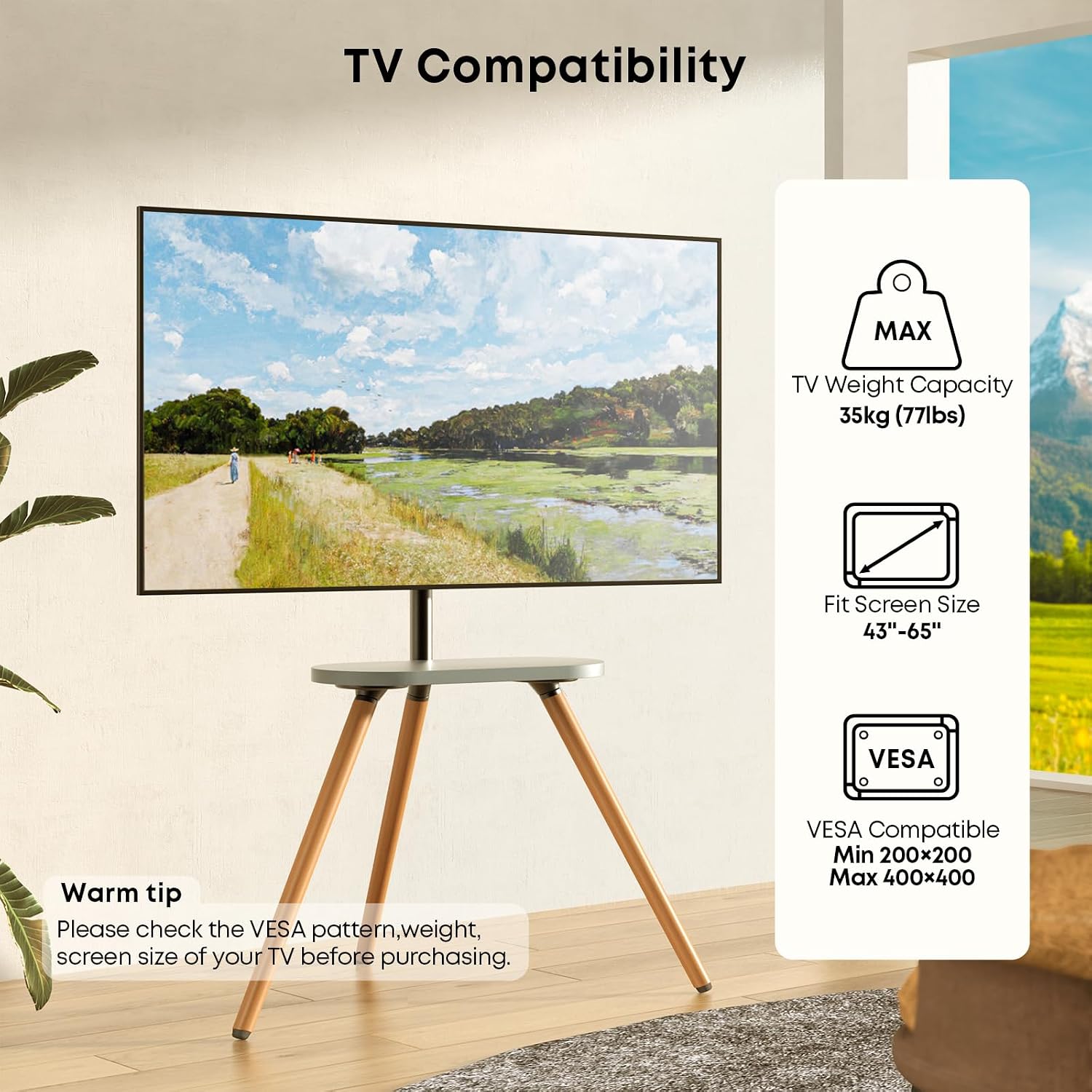 Detalle 2 de PUTORSEN TV Ständer im Staffelei-Design (Dreibein) für 43–65 Zoll, höhenverstellbar, VESA bis 400×400, 35 kg Tragkraft, Schwarz/Nussbaum
