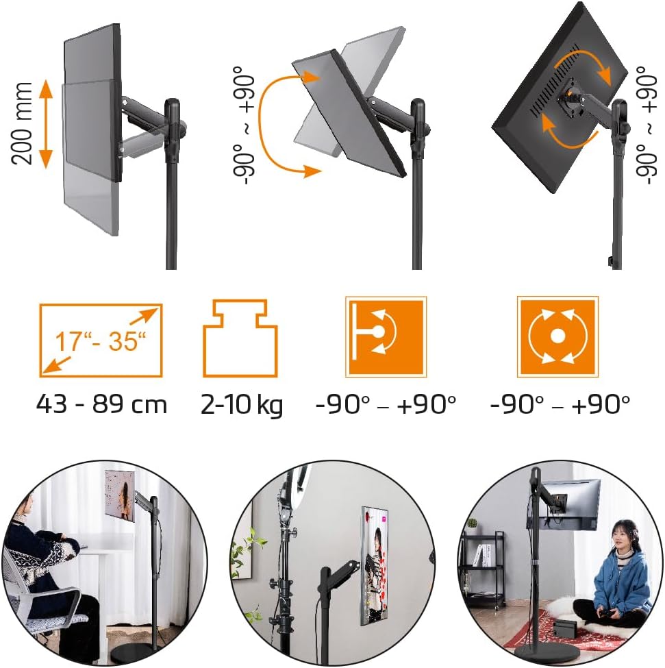 Detalle 2 de mywall TV-Ständer HT34L – mobiler TV-Ständer für 17–35 Zoll, höhenverstellbar, mit Federsystem und 2–10 kg Traglast