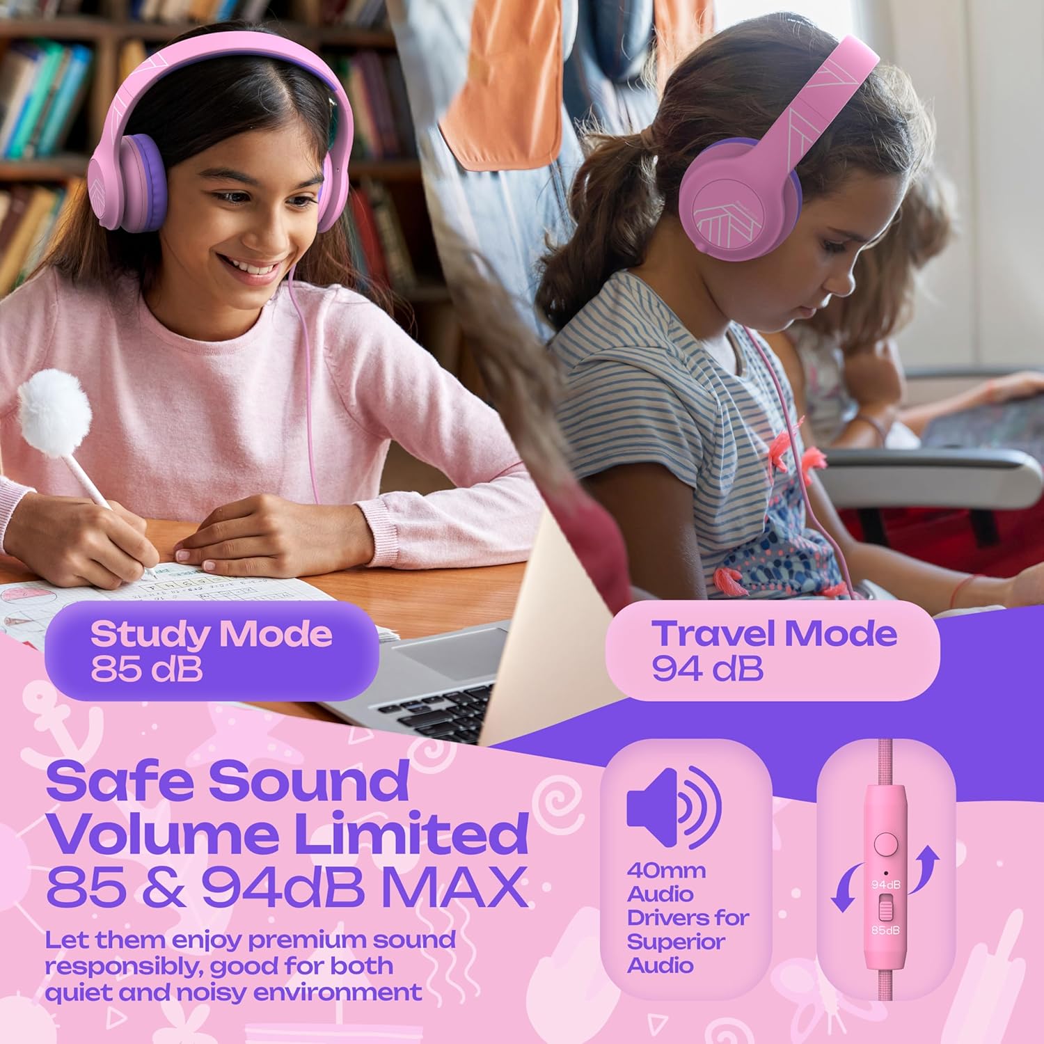 Thumbnail 2 de PowerLocus Kids Headphones with Microphone – 85/94dB Safe Volume, Foldable Over-Ear 3.5mm, Shared Audio for School and Travel (Pink)