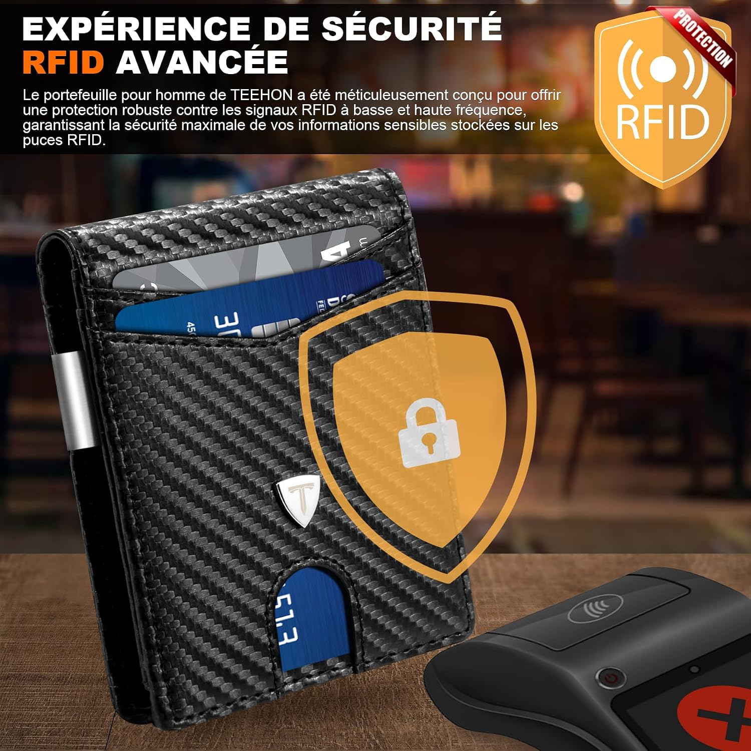 Detalle de TEEHON Portefeuille Slim Cuir Fibre de Carbone 11 cartes