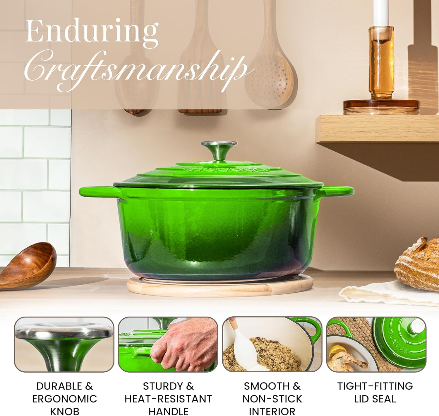 Thumbnail 6 de Nuovva Enamelled Cast Iron Dutch Oven Pot with Lid – 3.1 Quart (22 cm) – Green