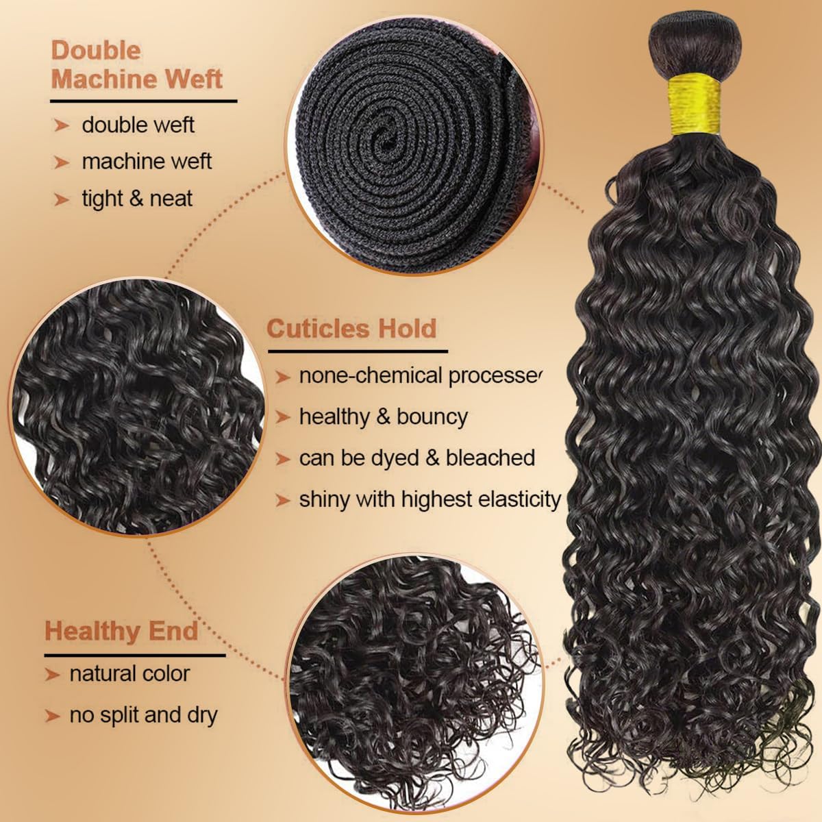 Detalle 2 de 10A Water Wave Bundles: Brazilian Unprocessed Virgin Remy Hair (16, 18, 20 Inch) – Deep Curly, Natural Black