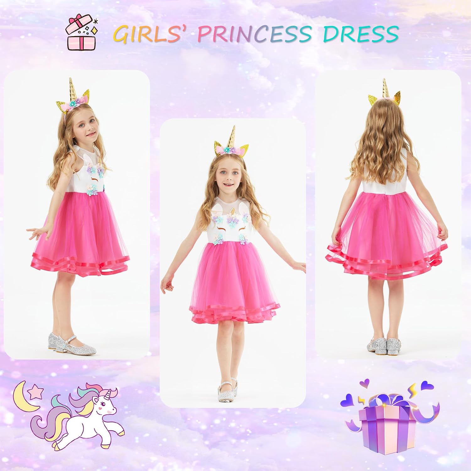 Detalle de URAQT Vestito da principessa per bambina con collana e fascia – unicorno e arcobaleno, per cosplay e feste