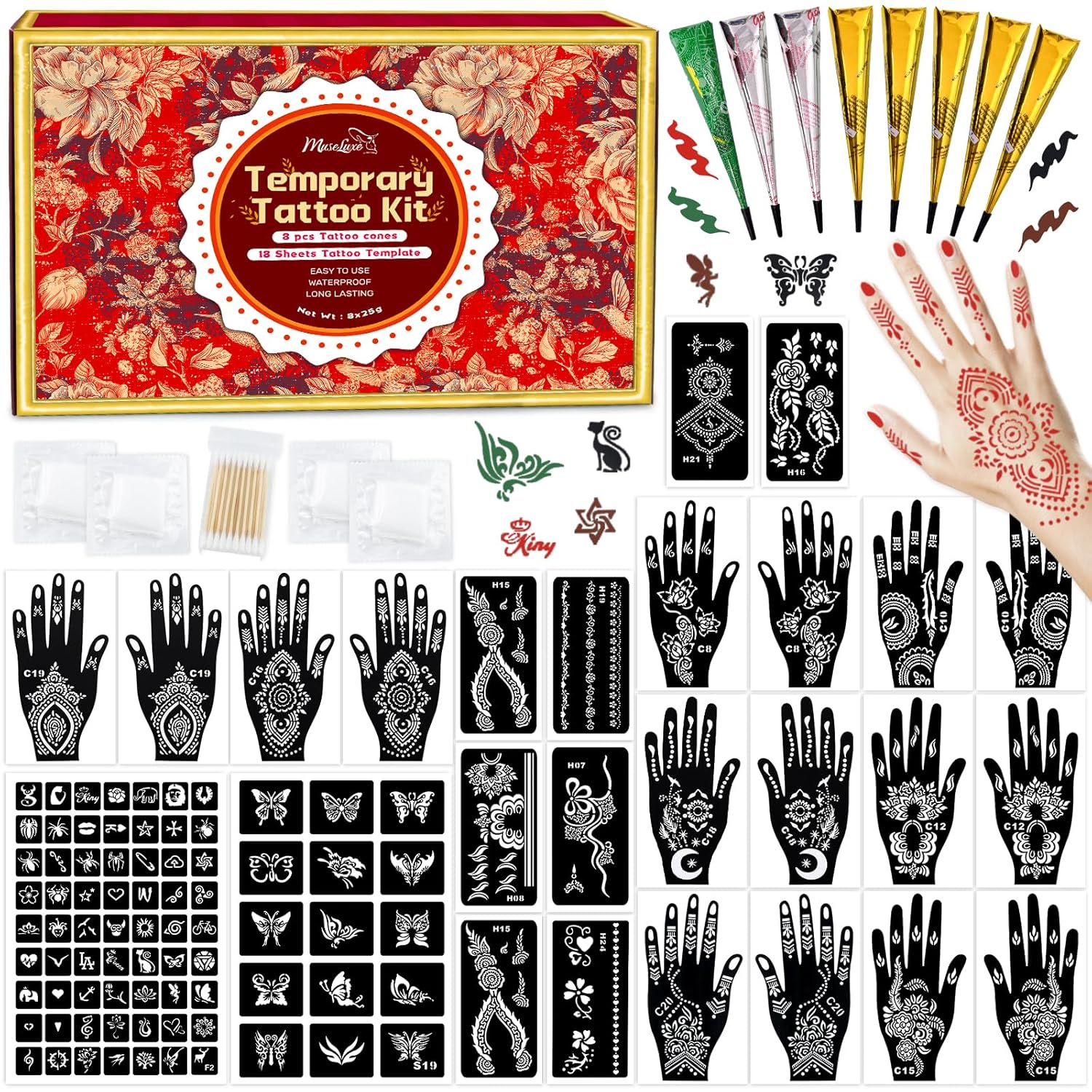 Detalle de MuseLuxe Temporary Tattoos Stencils Kit - 102 Designs, 8 Ink Colors, DIY Body Art