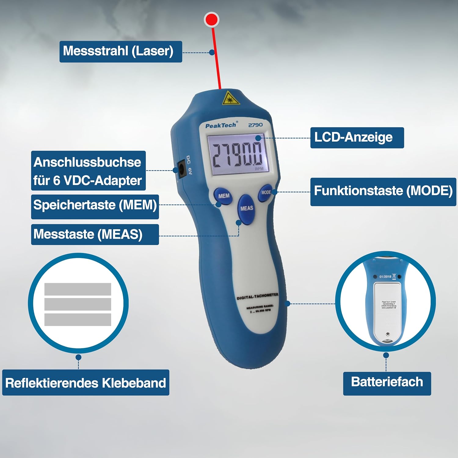 Detalle 2 de PeakTech P 2790 Drehzahlmessgerät / Tachometer – berührungslos, 2 bis 99.999 UPM