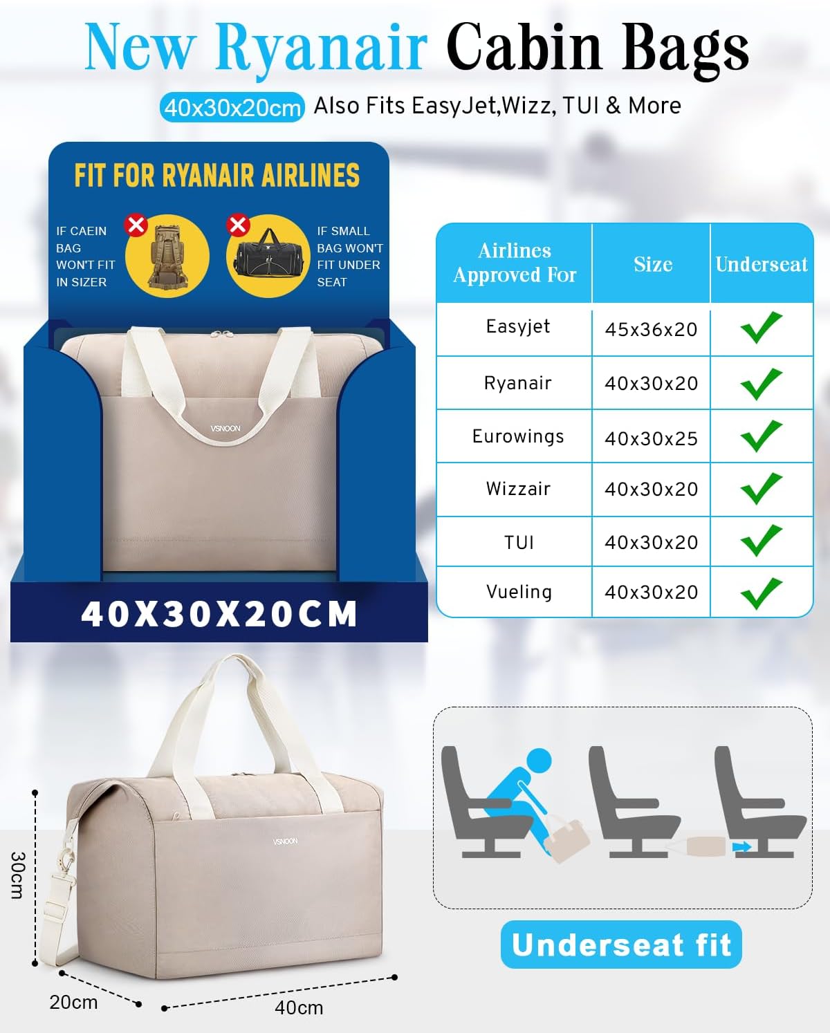 Detalle de VSNOON 24L Foldable Cabin Bag for New Ryanair 40x30x20cm – Khaki