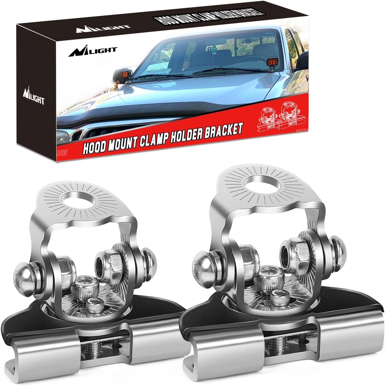 Detalle de Nilight 304 Stainless Steel LED Light Bar Mounting Brackets (2-Pack) — Universal Adjustable Hood/Pillar Clamp Mounts