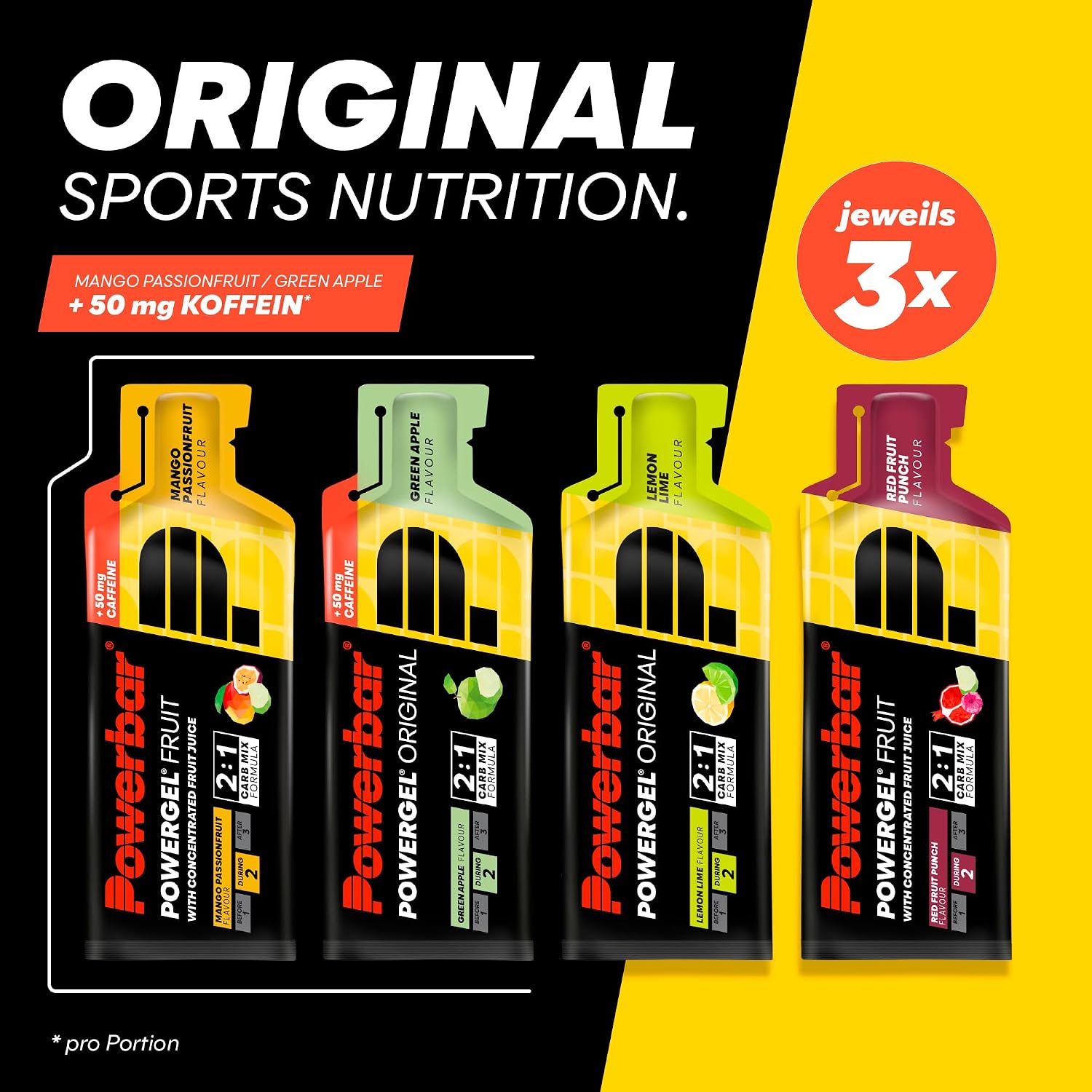 Detalle de Powerbar PowerGel Multiflavour Box – 12x41 g, High Carb Energie Gel mit 2:1 Glukose/Fruktose, koffeinhaltig, vegan