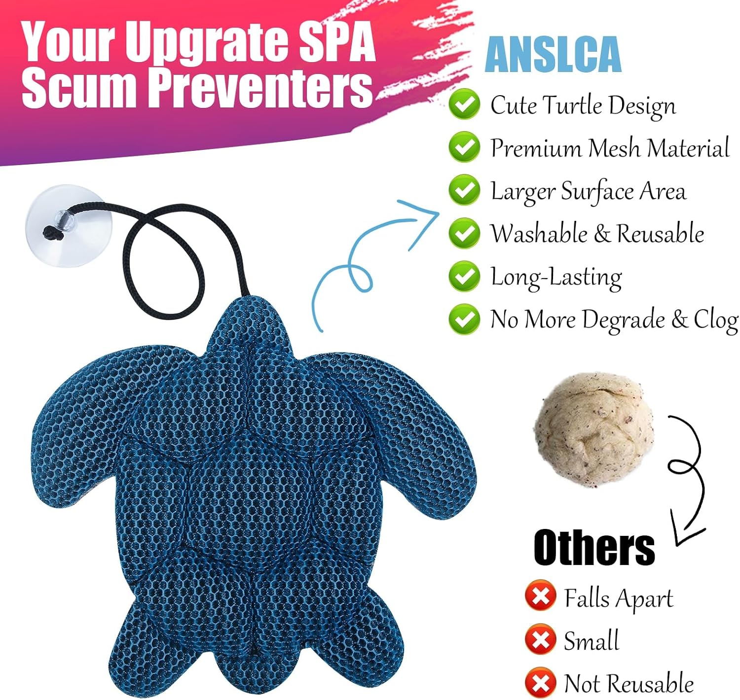 Thumbnail 2 de ANSLCA Scum Turtle-1 Hot Tub Scum Absorbers, 3D Honeycomb, Reusable 2-Pack