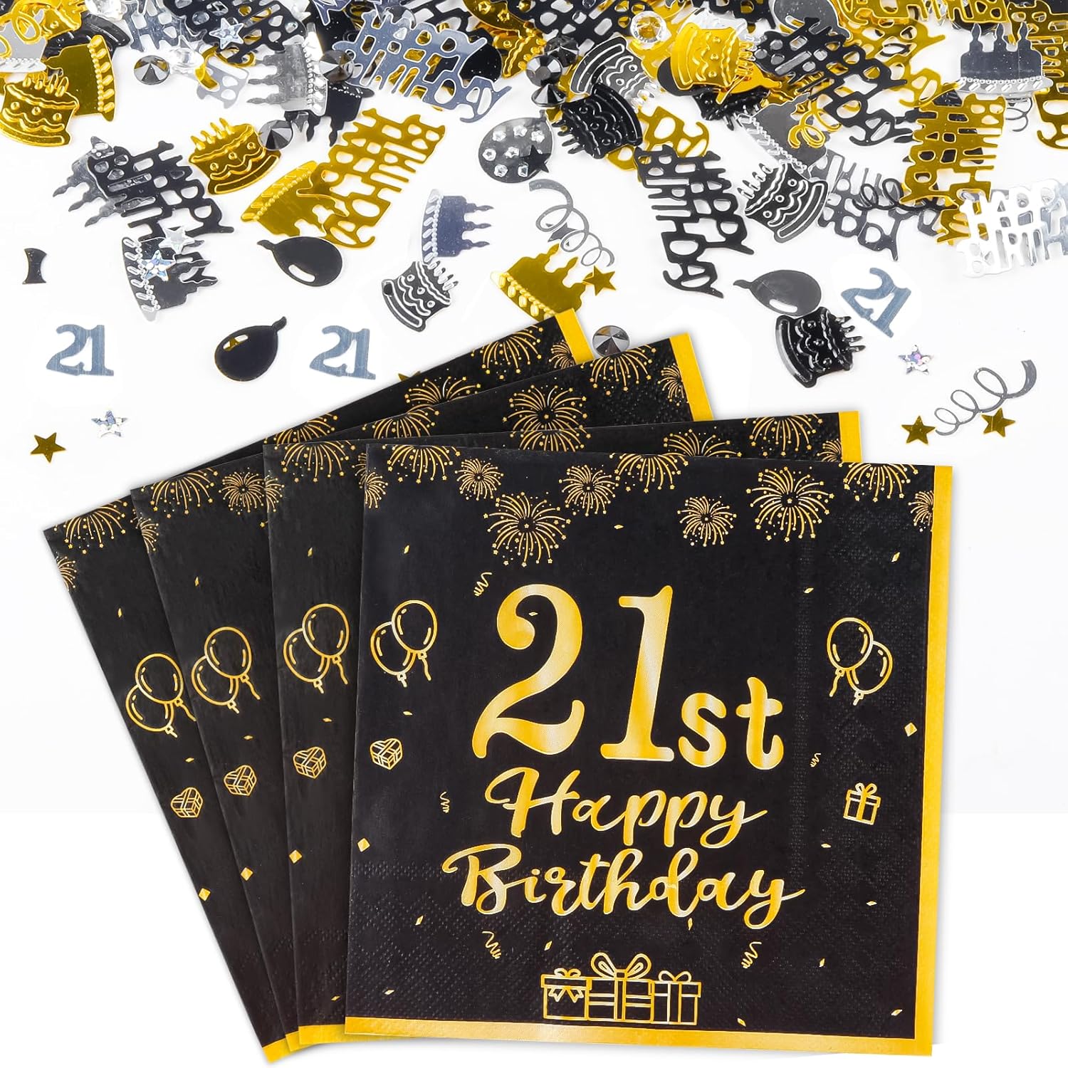 Thumbnail 6 de Yiran 60th Birthday Table Decorations Pack with 20 Black & Gold Napkins and Birthday Confetti