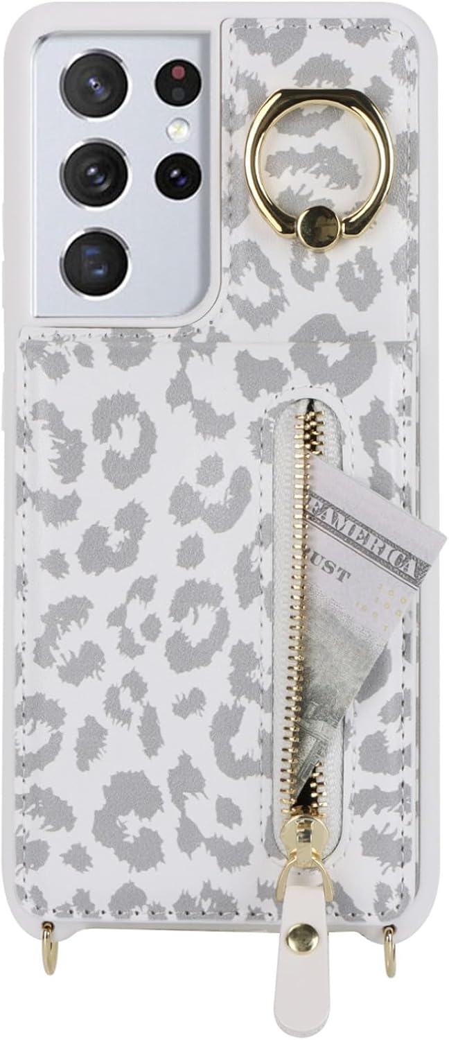 Thumbnail 6 de Zouzt Wallet Case with Cord for Samsung Galaxy S21 Ultra — White Leopard