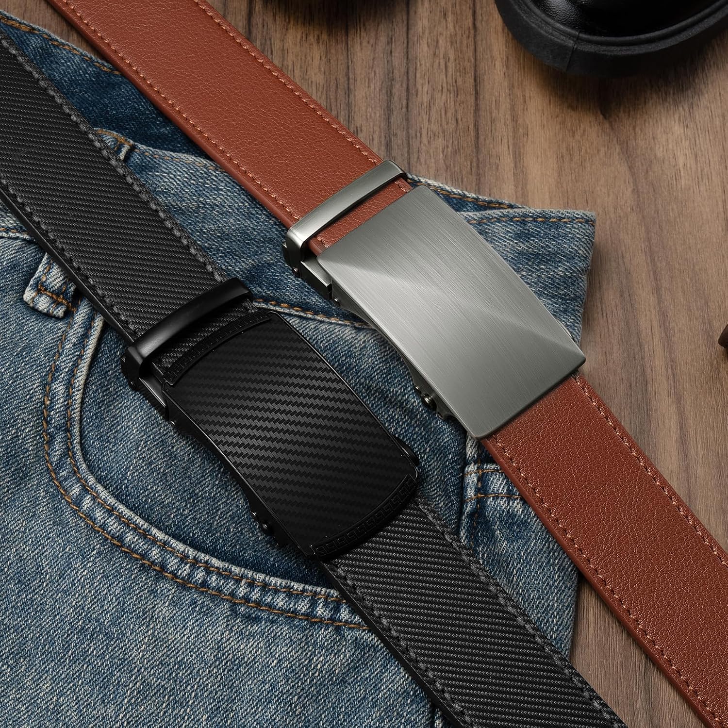 Detalle de Zitahli Men’s Ratchet Belt (2-Pack) Leather Belts with Trim-to-Fit Buckles