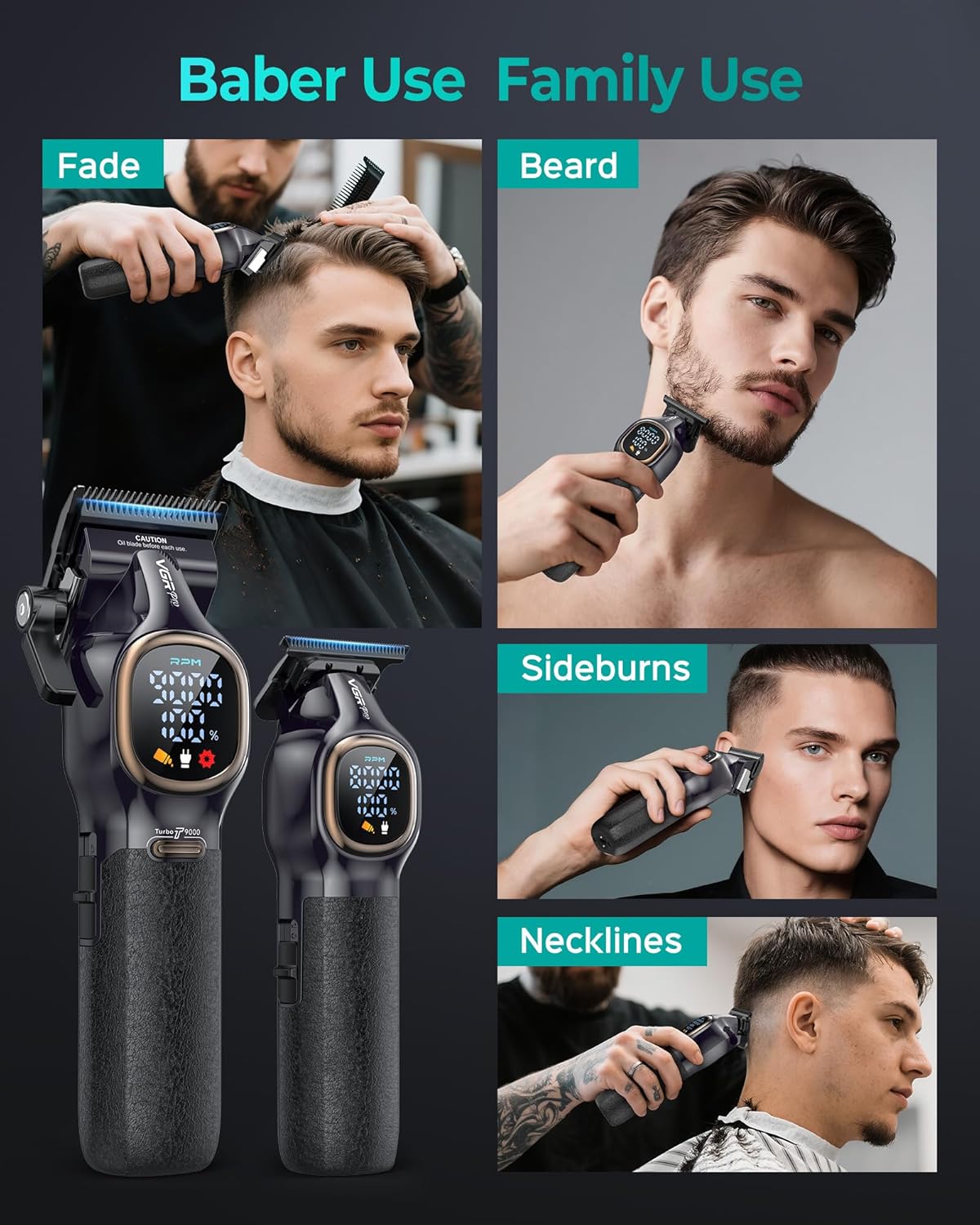 Detalle de VGRPRO Professional Hair Clippers for Men Cordless Clipper & Zero-Gapped Trimmer Set (Black)