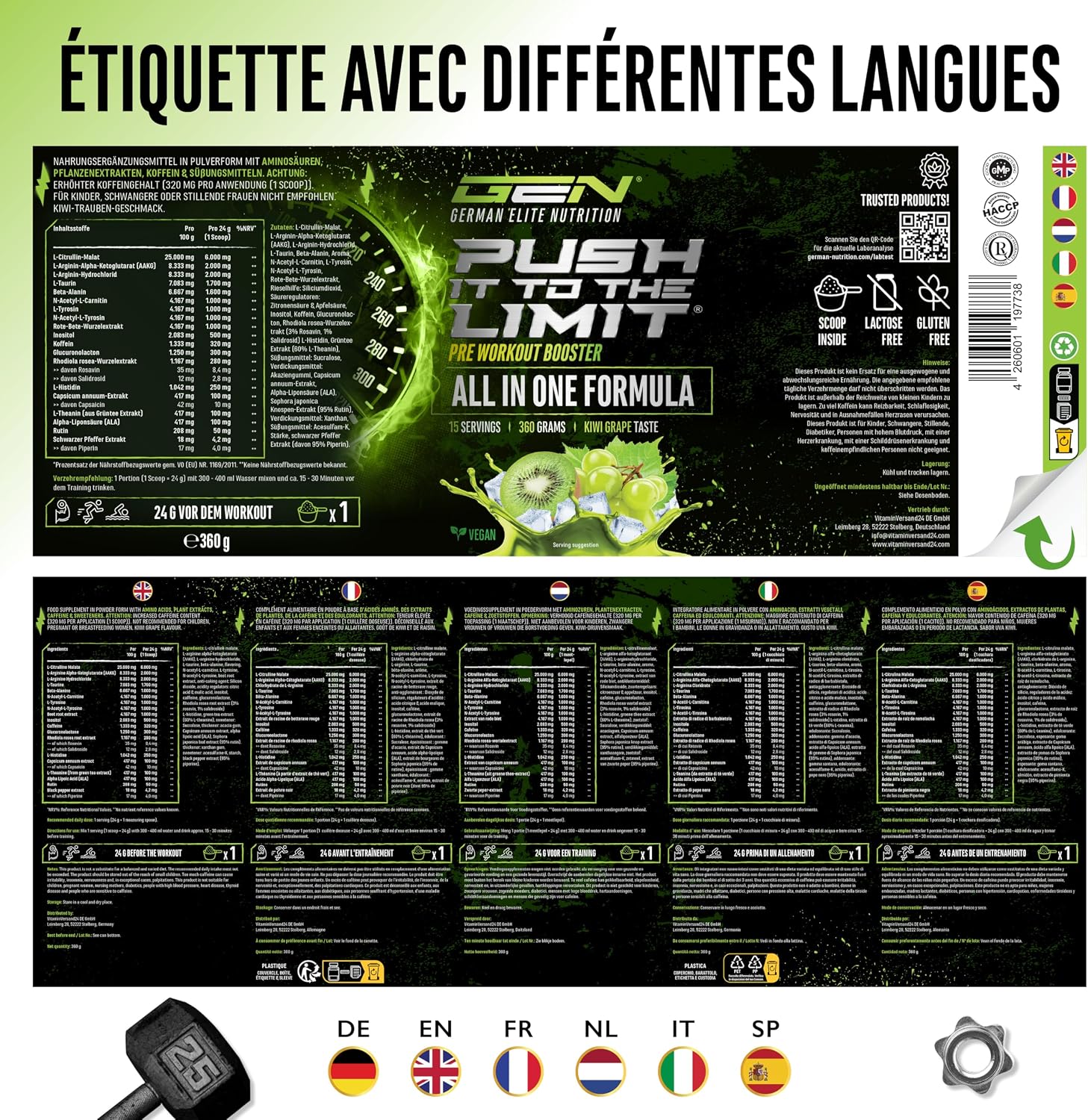 Thumbnail 6 de GEN German Elite Nutrition Push it to the Limit — Pré-workout avec L-Arginine, Citrulline, caféine et rhodiola (360 g, kiwi raisin)