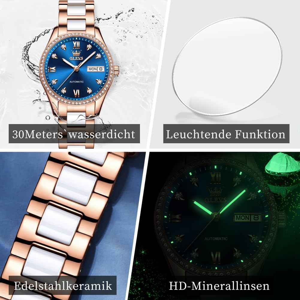 Detalle 2 de OLEVS Lässige Uhr OLS-DE-L6637 – Zwei-Ton Edelstahl/ Keramik, Kristall-Lünette, Kalender, 30 m Wasserdicht