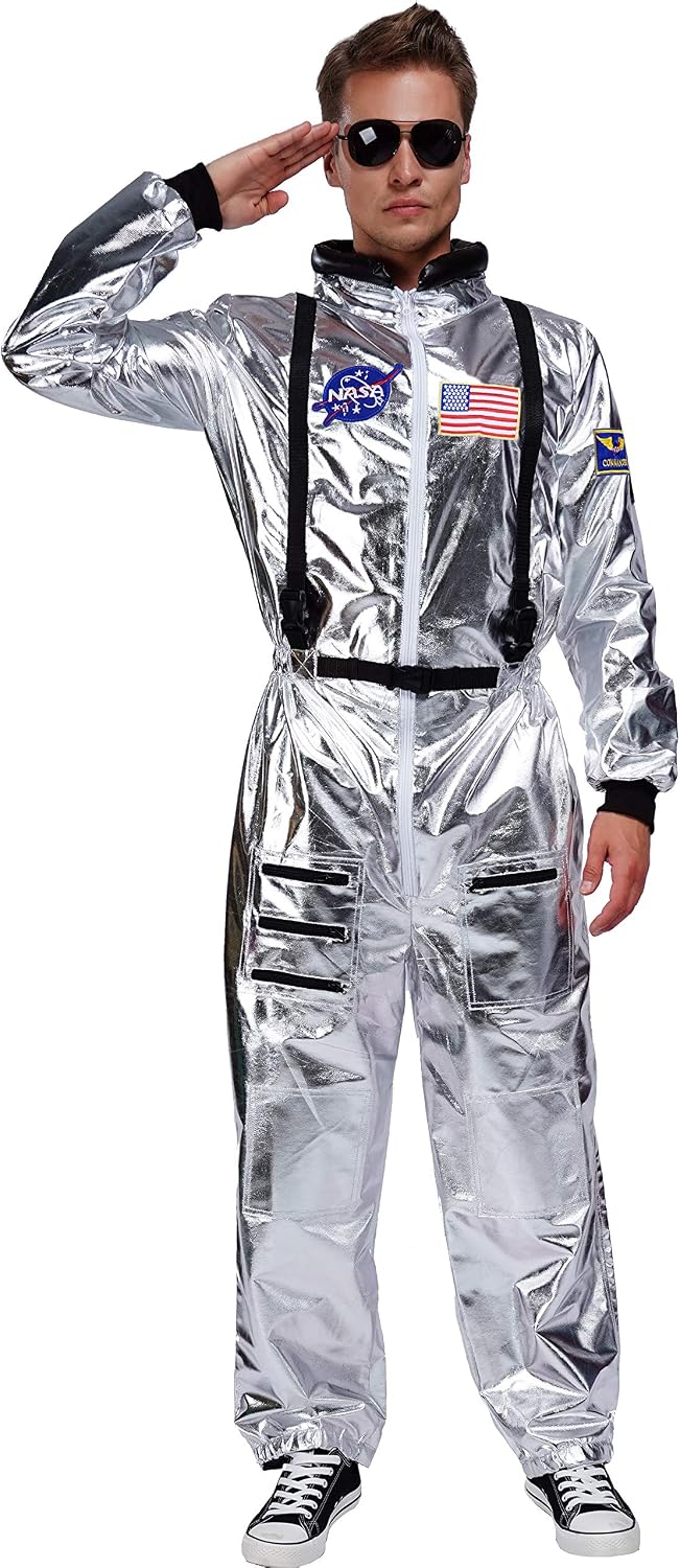 Detalle de Men's Silver Astronaut Costume, Metallic Jumpsuit with Embroidered Patches