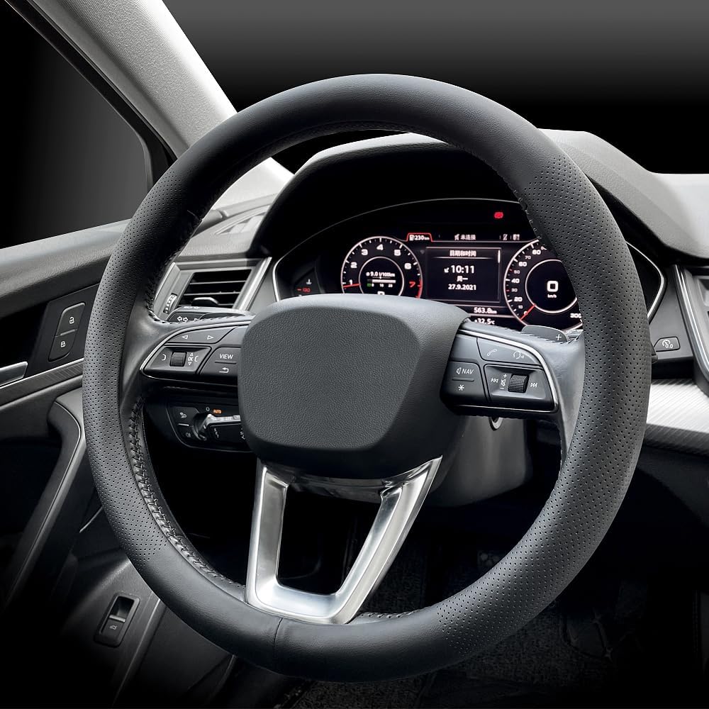 Detalle de LKWLIKEI Nappa Premium Leather Steering Wheel Cover (Universal, Non-Slip), Black