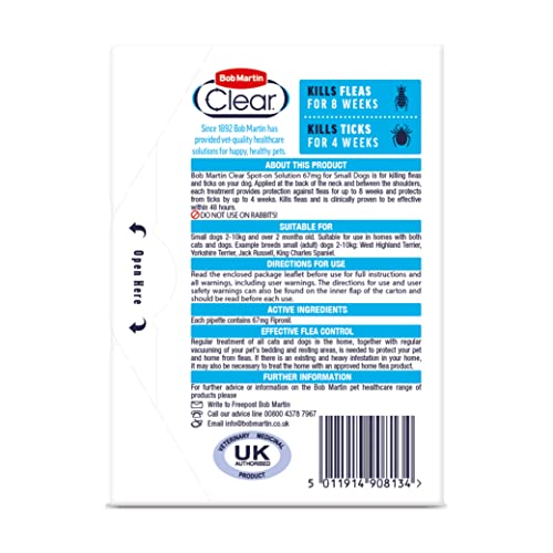 Detalle 2 de Bob Martin Clear Spot On Flea Treatment for Small Dogs (2-10kg) – Kills Fleas & Ticks (3 Pipettes)