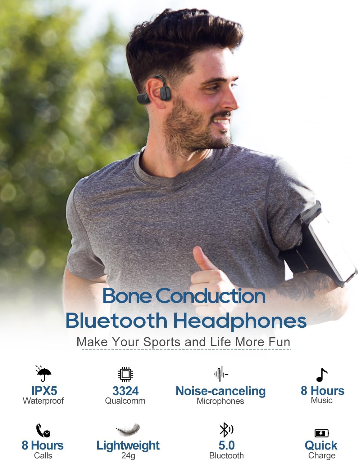 Detalle 2 de CERMENK Bone Conduction Headphones: Open-Ear Wireless Headset with Mic, IPX5, 8‑Hour Battery