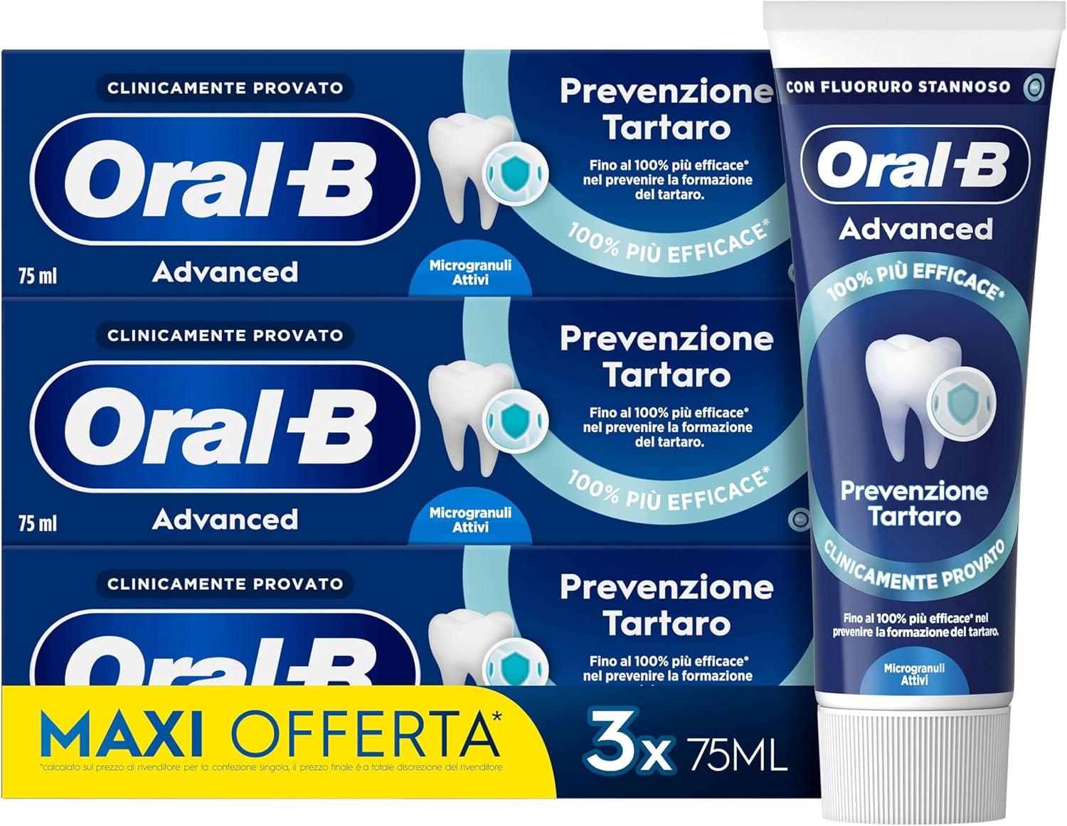 Detalle de Oral-B Dentifricio Advanced Prevenzione Tartaro 3x75ml – protezione anti-tartaro con microgranuli Attivi