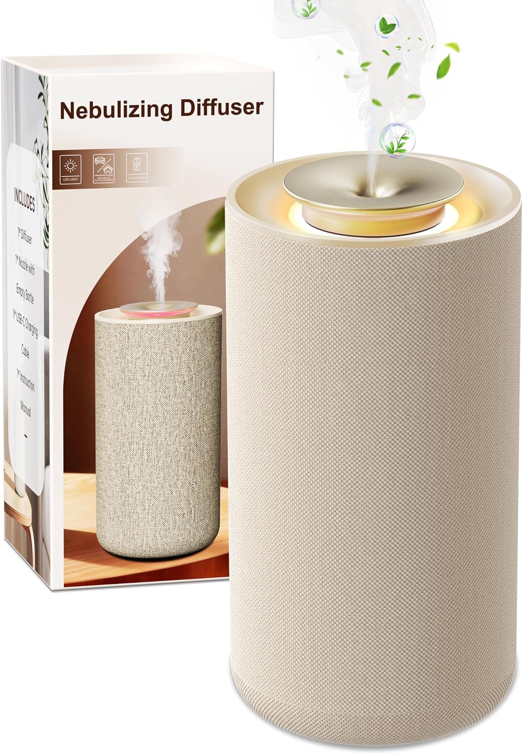 Aroma Diffuser Kabellos – Wasserloser Duftzerstäuber mit Stoffbezug, Akku & Warmlicht (Cremeweiß)