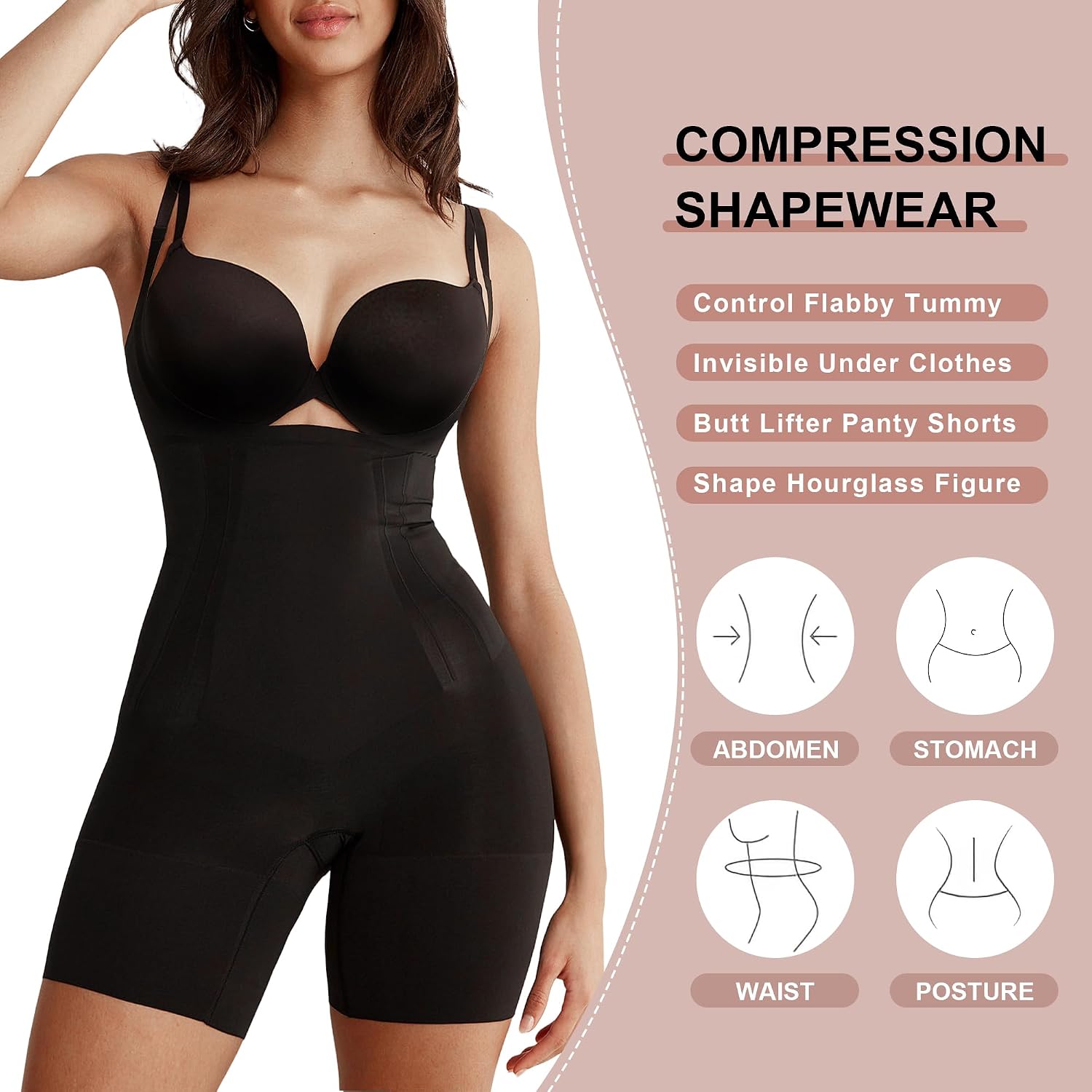 Detalle de SHAPERX Tummy Control Seamless Open-Bust Mid-Thigh Shapewear Bodysuit