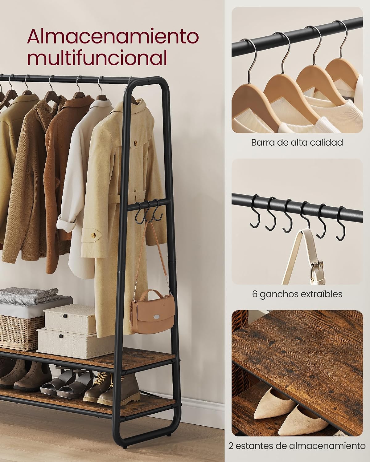 Detalle 2 de VASAGLE RGR119B01 perchero burro 45x138x160 cm