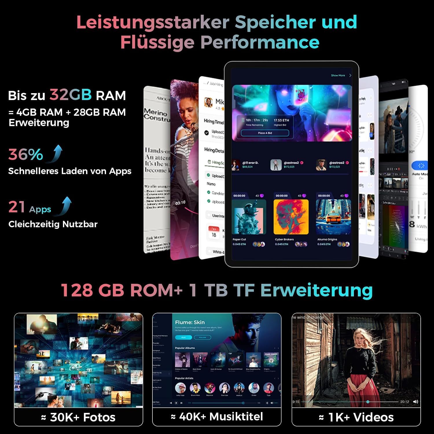 Detalle de RebotAi 2026 Tablet 11 Zoll – Android 16, Octa‑Core, 32GB RAM + 128GB ROM + 1TB TF, 8000mAh, 90 Hz Display
