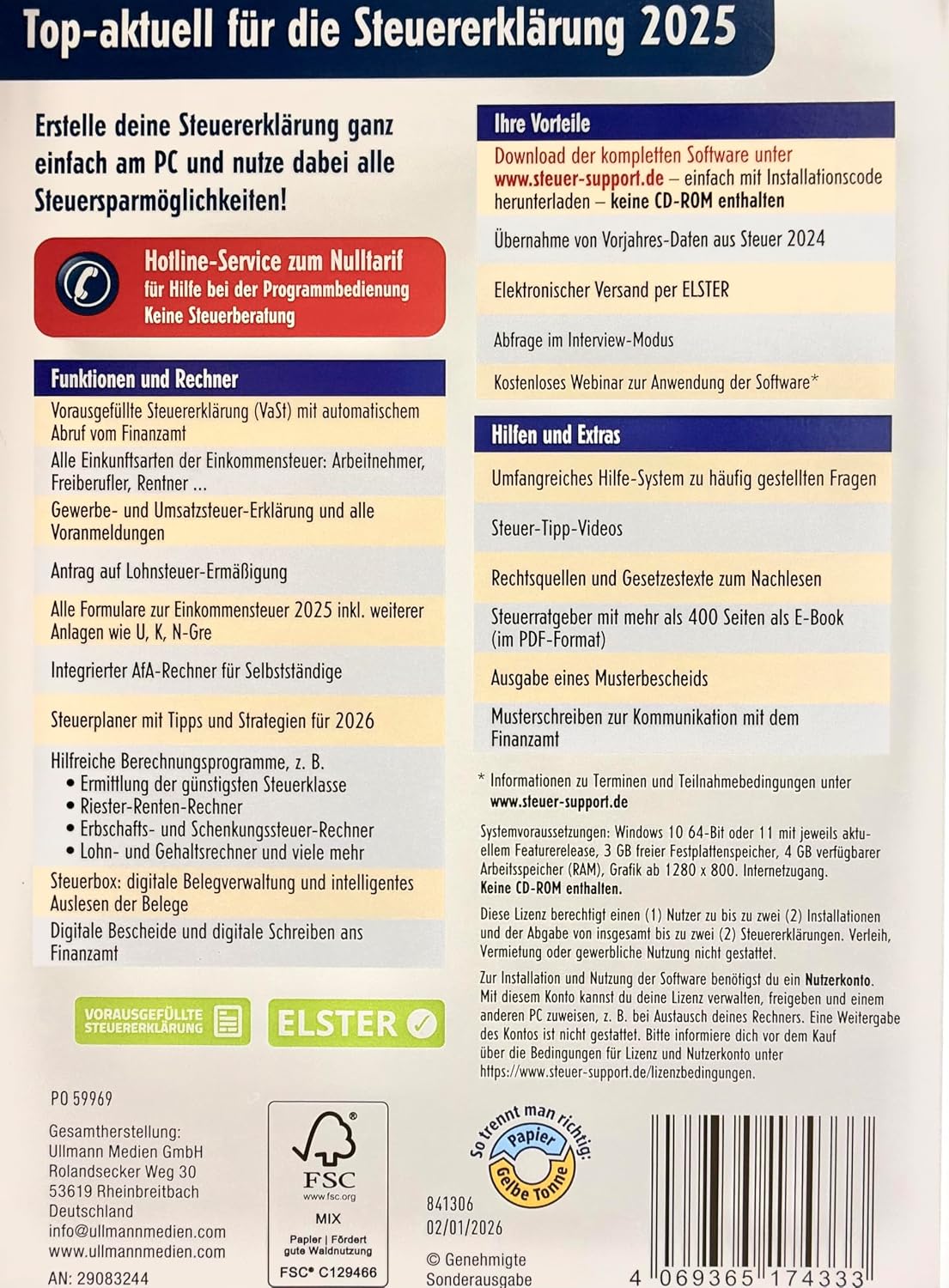 Steuer 2025 – ELSTER‑Komplettlösung zum Download (kein CD Versand)