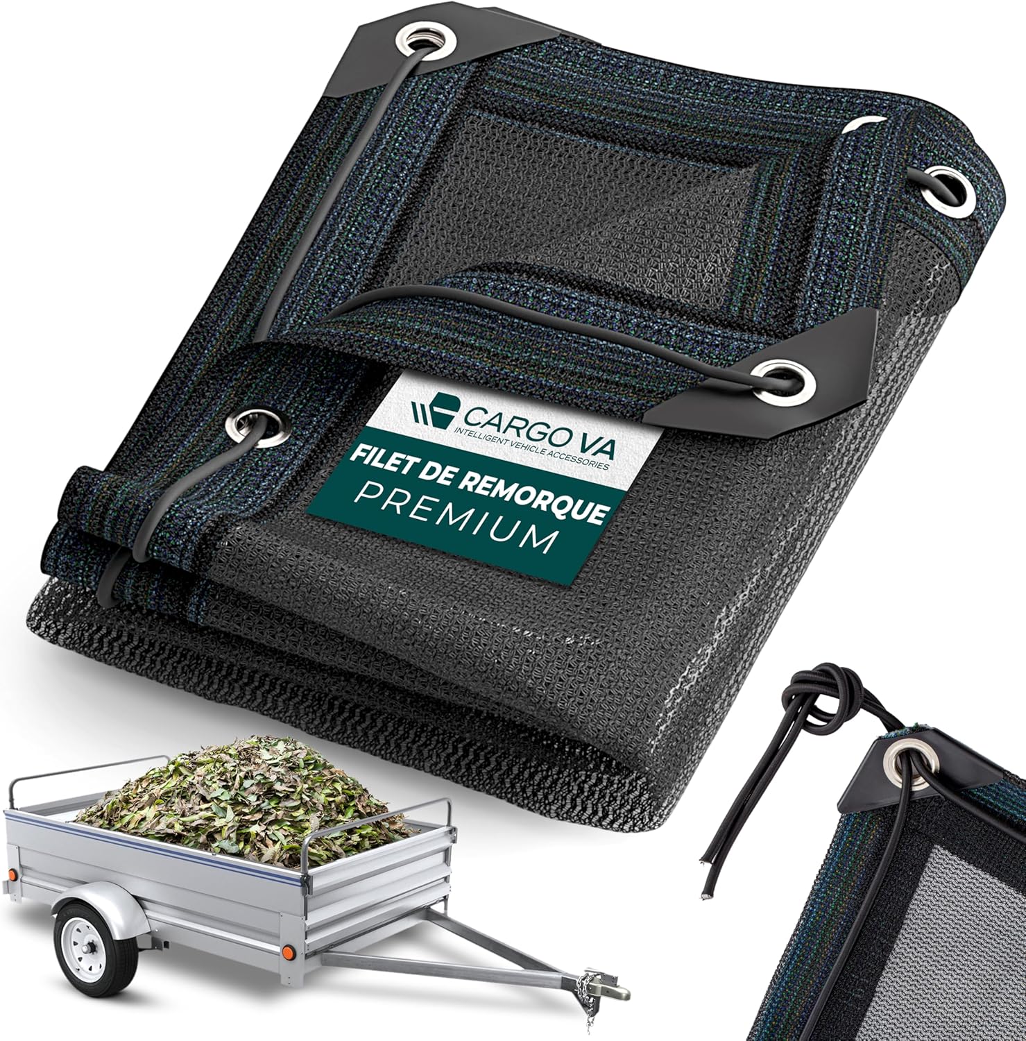 CargoVA Filet de remorque à mailles fines 2x3,5 m – Filet de couverture noir avec corde élastique