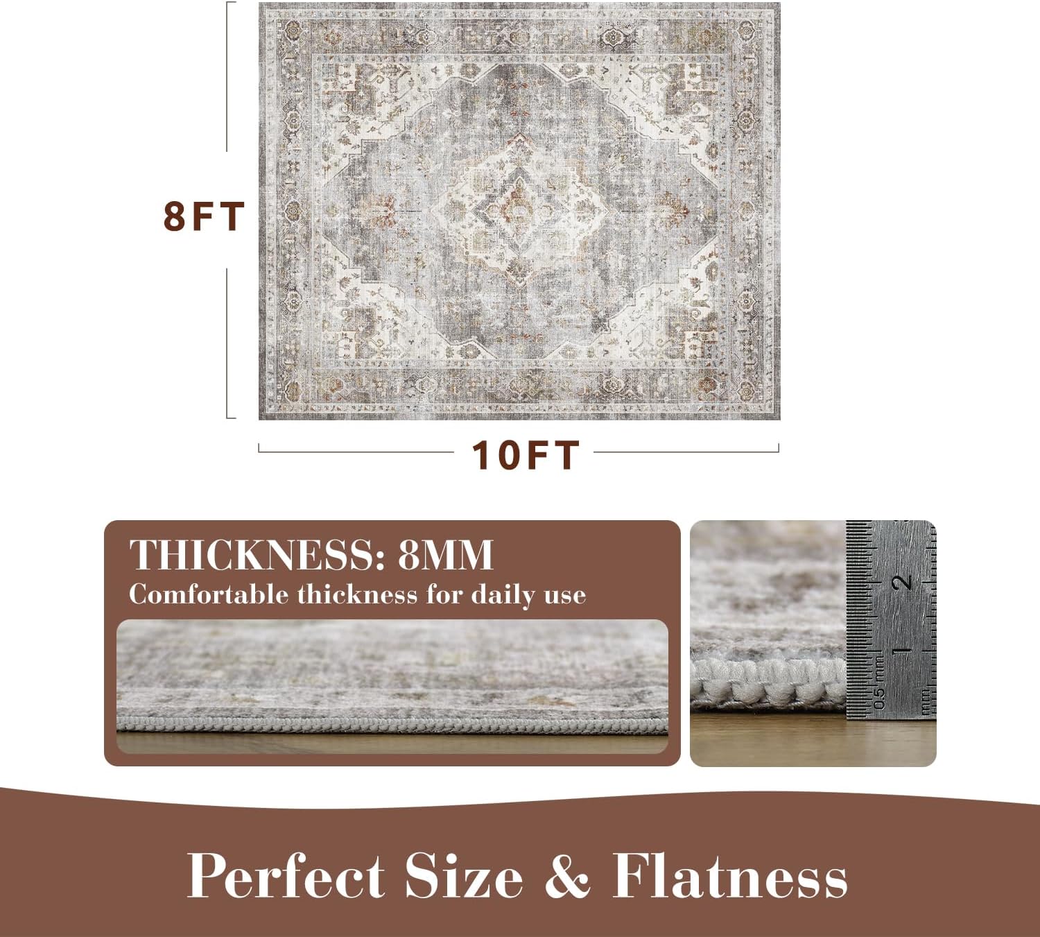 Detalle 2 de MontVoo 8' x 10' Grey Area Rug, Machine-Washable Polyester, Non-Slip Backing