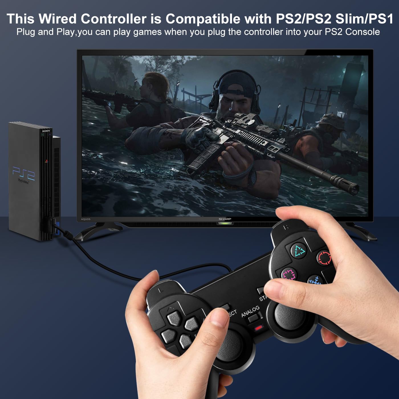Detalle de HaeBorl PS2 Controller, 2 Pack Wired Controller for PS2/PS2 Slim/PS1 with Dual Vibration