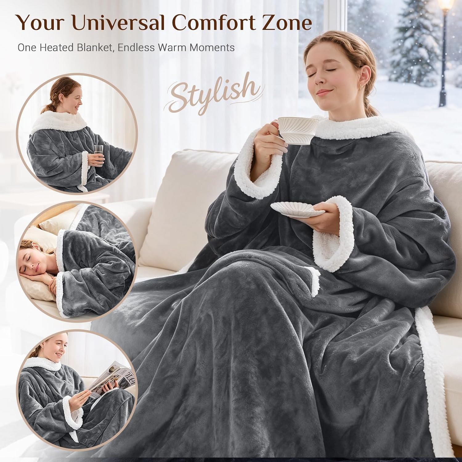 Detalle de JOLLYVOGUE Wearable Heated Blanket with Sleeves, Foot Pocket and 7 Heat Settings